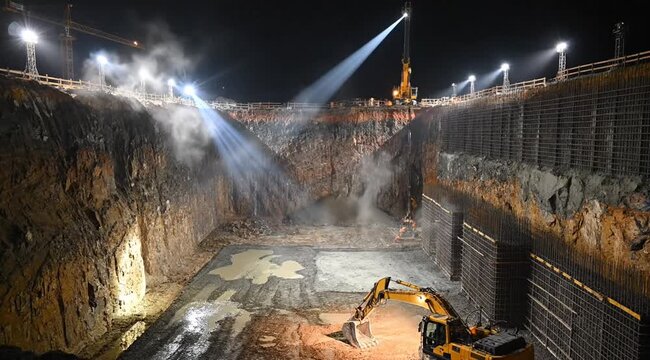 Deep foundation excavation at night illuminated by temporary lighting with construction machinery and cranes