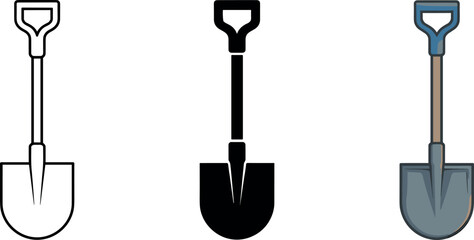 Gardening shovel hand tool icons set featuring linear outline black silhouette and metallic blue flat vector illustrations © MdMahedi