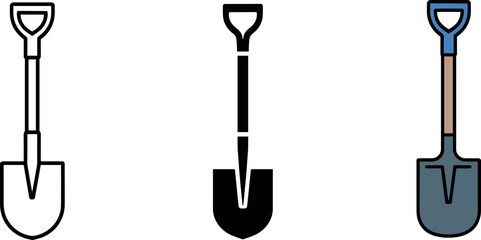 Gardening shovel hand tool icons set featuring linear outline black silhouette and metallic blue flat vector illustrations © MdMahedi