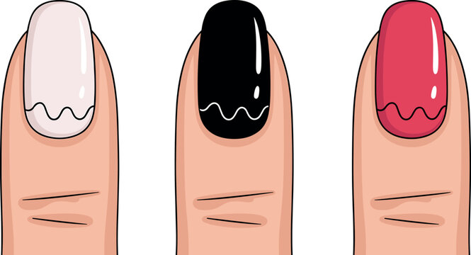 Fingernail manicure art icons set featuring French tip style in linear outline solid black and red flat vector illustrations