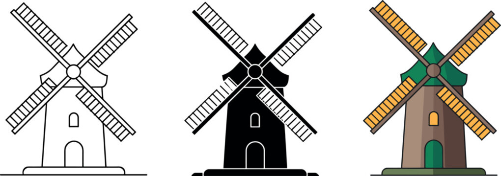 Traditional rural windmill building icons set featuring linear outline black silhouette and colorful green flat vector illustrations