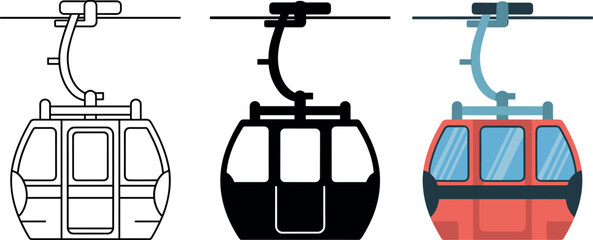 Cable car gondola vector icon set featuring overhead ski lift cabin in line silhouette and colored styles © MdMahedi