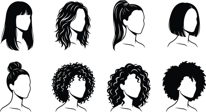 Women hairstyles silhouette avatars set, female hair types collection including straight with bangs, wavy, ponytail, bob, top knot bun, curly, and afro, isolated vector icons