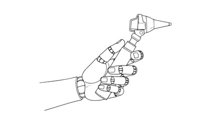Obraz premium Outline drawing of a sophisticated robotic hand holding an otoscope, representing the integration of AI and technology in modern medicine.