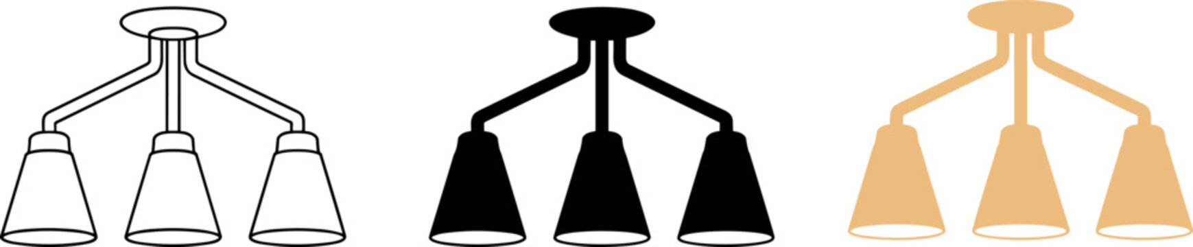 Chandelier ceiling lamp vector icon set featuring modern light fixture in outline silhouette and colored styles