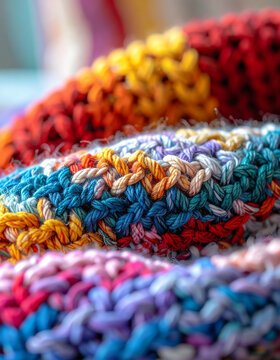Knitted multicolored handmade product, rich yarn texture clearly visible, blurred background, cozy artisan craft concept. Close-up.