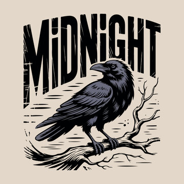 Vintage raven illustration with midnight text on textured background. Gothic crow perched on a bare branch in retro horror style. Spooky midnight crow graphic for Halloween and apparel design. 