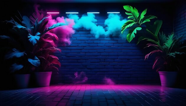 blue tropical neon abstract background colours tropical night brick b lights room Silhouettes neon Background beach colorful empty dark colourful smoke empty leaves wallpapercreated with generative ai