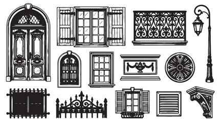 Vintage architectural elements set, hand drawn sketch of antique doors and windows, classic wrought iron fence and street lamp vector illustrations © Rosie