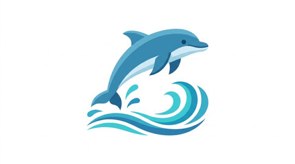 Illustration of a playful dolphin leaping out of blue ocean waves. © Hanasoz