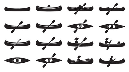Canoe and kayak silhouette icons, 16 black rowing boat vector elements, outdoor water sports equipment set, minimalist boat and paddle symbols © Rosie