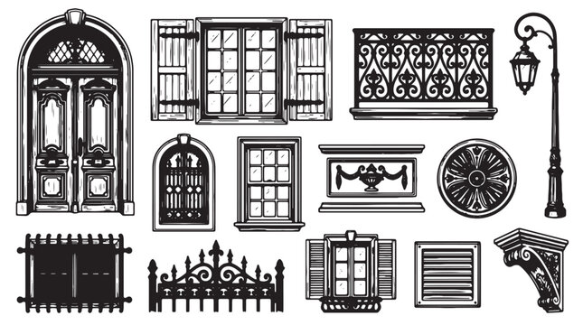 Vintage architectural elements set, hand drawn sketch of antique doors and windows, classic wrought iron fence and street lamp vector illustrations