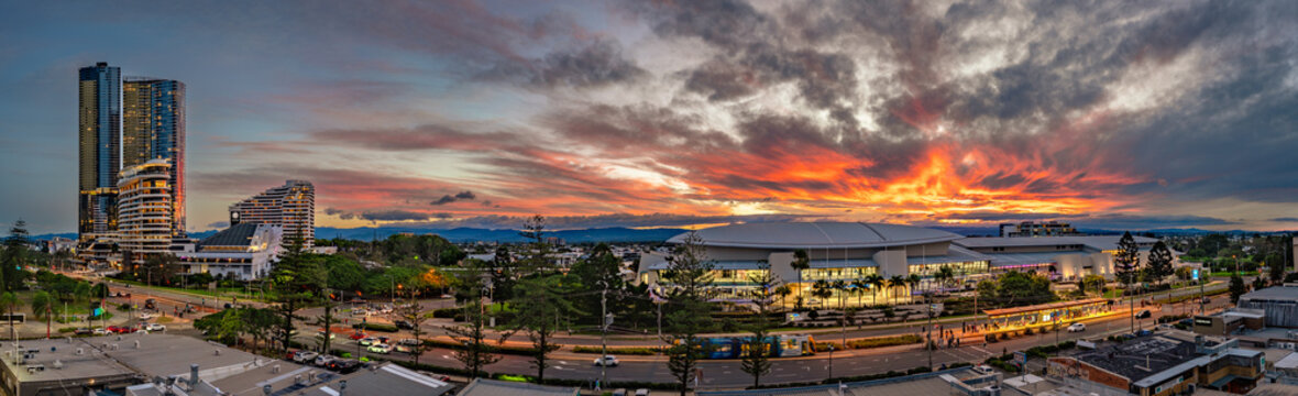 Gold Coast, Queensland, Australia - May 29, 2026: Broadbeach Star Casino and Convention Centre at sunset panorama