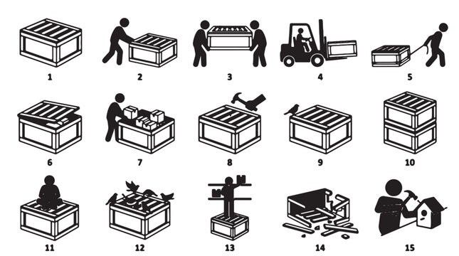 Industrial wooden crate icons set, logistics and shipping pallet vector illustrations, 15 cargo handling pictograms for warehouse and storage safety