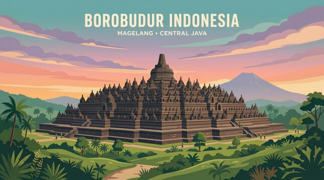 Borobudur Temple Indonesia Magelang Vector Illustration