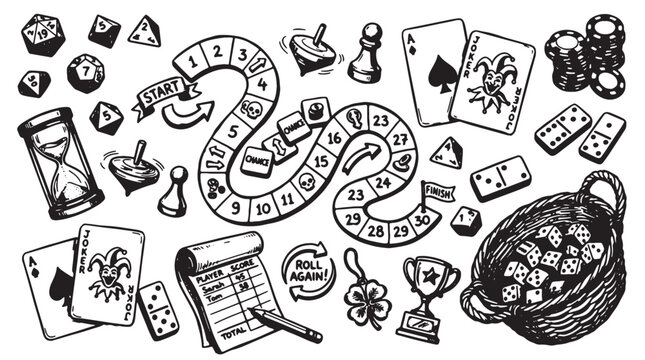 Vintage board game elements vector set, hand drawn tabletop gaming icons, retro dice and playing cards collection for hobby and leisure design