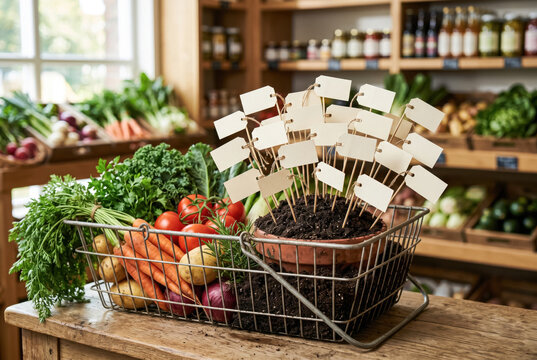Price tags sprouting like plants from market basket of vegetables.generative AI