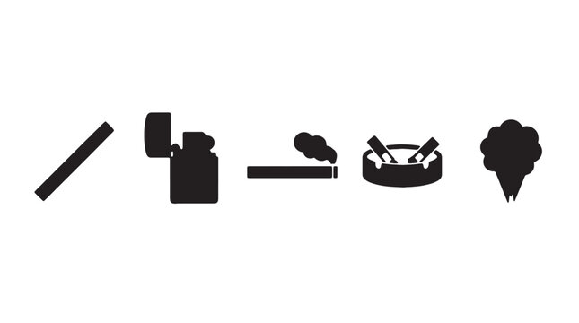Smoking, cigarette, pipe, cigar, hookah icons, black silhouette symbols