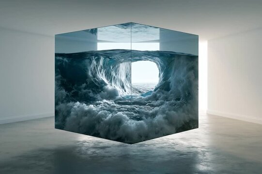 A gigantic transparent cube filled with moving ocean waves floats inside an empty white gallery. A surreal fusion of nature, architecture, and impossible spatial design.