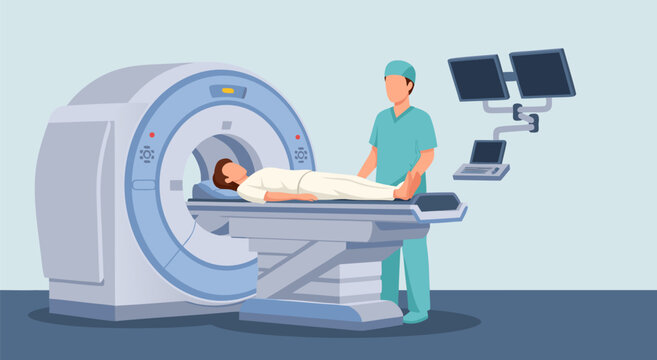 Medical MRI scan procedure vector illustration of patient undergoing a diagnostic scan with medical professional supervising
