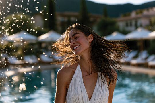 A woman joyfully splashes her hair while radiating happiness, surrounded by a luxurious pool, showcasing the essence of summer and carefree living in the tranquil setting.