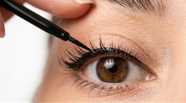 Woman applying black liquid eyeliner to eyelid with brush. Close up of eye makeup application. Professional visage and beauty routine for daily look. Aesthetic cosmetic procedure.