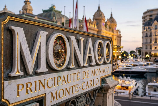 Monaco Sign at Harbor with Luxury Yachts and Belle &Eacute;poque Architecture