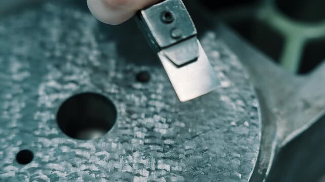 Close-up of a hand using a deburring tool to chamfer and smooth circular hole edges on a textured metal plate, highlighting precise manual machining and clean surface finishing.