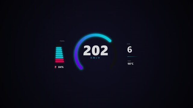 Digital HUD Speedometer Gauge Displaying 225 km/h on Dark Futuristic Background