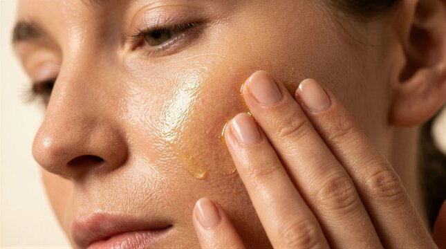 Woman applying golden moisturizing serum on her cheek. Close up of female skin care routine for facial hydration. Beauty cosmetic treatment for healthy glowing complexion and rejuvenation.