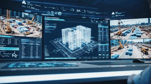 Detailed Digital Blueprint of a Modern Construction Project Displayed on Multiple Screens