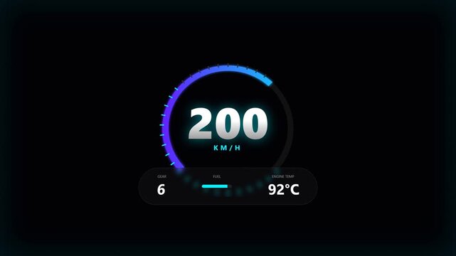 Digital speedometer displays 223 km/h with blue light on black background