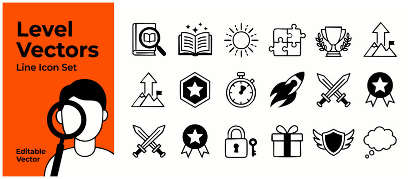 Game level up icons vector set for gamification progression achievement trophy rocket shield sword star badge lock milestone collection button graphic design element simple black outline illustration