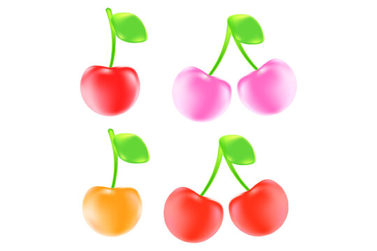 Cute 3d cherry fruit jelly candy set, juicy transparent gummy isolated icon, chewy vitamins sweets transparent background. Fresh yummy fruits, cherry flavor