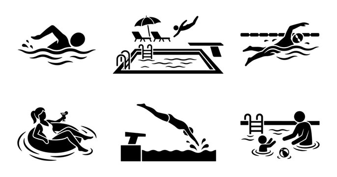 Swimming pool silhouettes vector featuring people diving into the water sunbathing on lounge chairs and swimming laps, swimming, pool, dive, diver, swimmer, water, splash, jump, diving