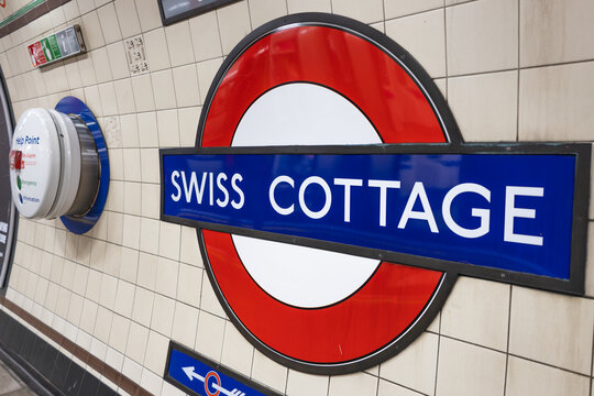 London Underground roundel sign at Swiss Cottage station. London, UK, 17 March 2023