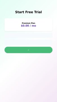 Mobile app onboarding screen with free trial sign up process. Minimal user interface animation with success checkmark and status confirmation. Clean flat design motion graphics for digital marketing 