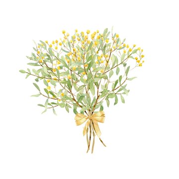 A bouquet of yellow gypsophila flowers and green eucalyptus leaves, decorated with a satin ribbon bow, hand-painted in watercolor on an isolated background. Botanical clipart for gifts and decorations