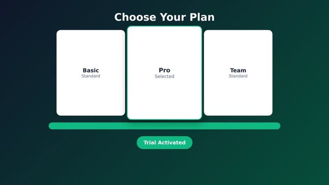 Pricing dashboard with three plan cards and free trial activation. Flat motion graphics UI design featuring deep blue and emerald color scheme. Commercial saas interface animation 