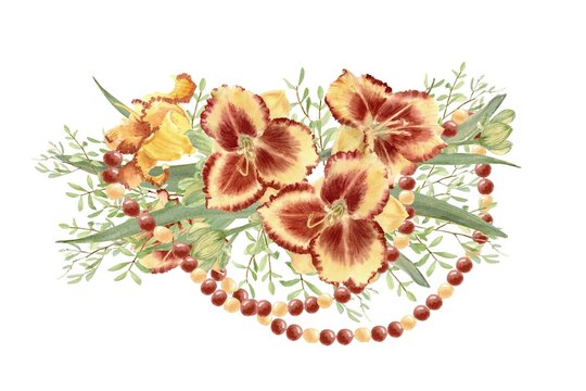 This hand-painted watercolor illustration depicts red and yellow daylily flowers, green leaves, and beaded gypsophila branches on an isolated background. Botanical clip art of lilies for design