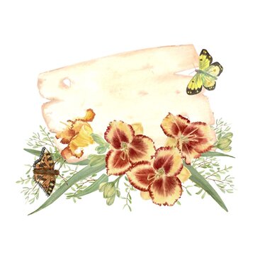 A square composition with red and yellow daylilies, green leaves, gypsophila, and butterflies, hand-painted in watercolor on an isolated background. Botanical clip art with space for text.