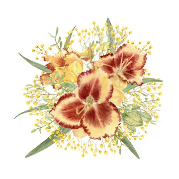 A hand-painted watercolor composition of red and yellow daylily flowers, green leaves, and gypsophila branches on an isolated background. Botanical illustration of a lily for design and decor.