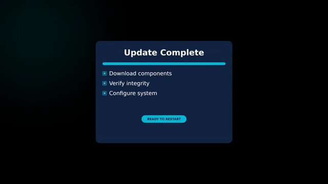 Software update progress animation. Digital interface panel loading. System completion sequence
