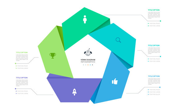 5 Step Venn diagram infographic template background. Pentagon loops with icons for business presentation.