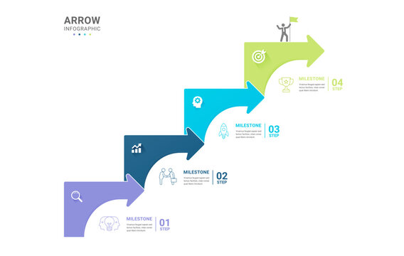 Infographic Staircase Step Business Growth timeline with 4 Step Arrow Process and Concepts for Success Diagram Background
