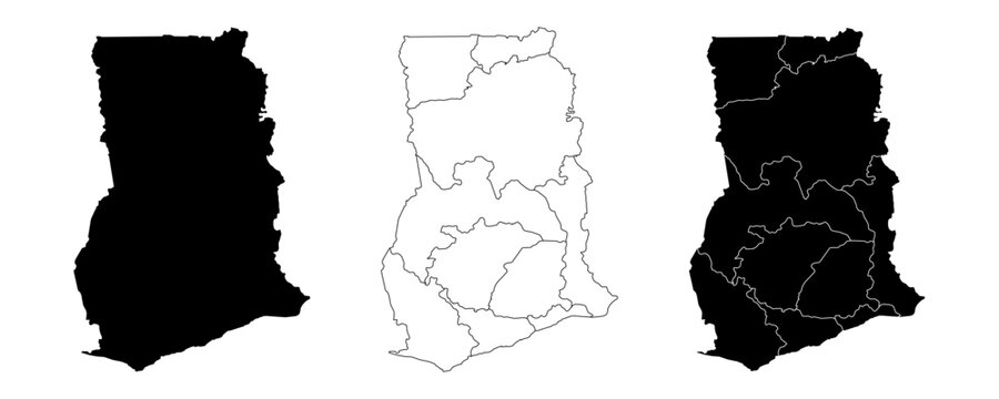 Minimalist regions Guinea map vector in black and white, Guinea country map silhouette black illustration, Blank map of Guinea with administrative boundaries, Guinea political map line art 