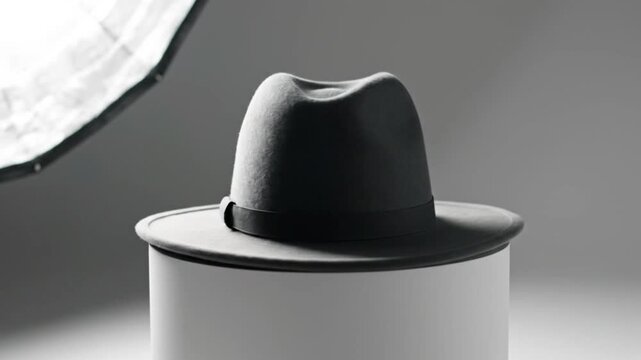 Classic black fedora hat displayed on a white pedestal in a professional photography studio