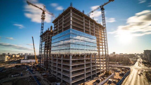 Massive glass and concrete skyscraper under construction in urban setting with cranes against a bright sky