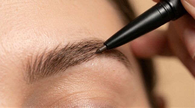 Woman applying eyebrow pencil to define shape. Makeup artist using cosmetic tool for brow styling and grooming. Beauty routine and salon service procedure for facial aesthetic enhancement.
