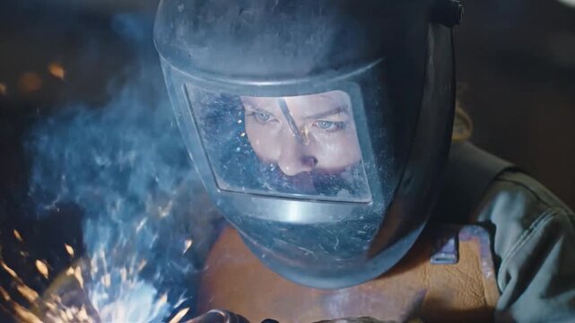 A welder wearing a protective helmet, illuminated by the fiery sparks from their work in an industrial setting